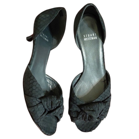 Stuart Weitzman BLack Leather Peep Toe Snakeskin Embossed Kitten Heels Size 6 M - Picture 2 of 11